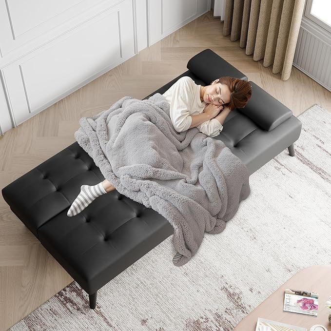 JAMFLY Futon Sofa Bed 64 Small Futon Couch with Adjustable Backrest 3-Angle Recliner Detachable Armrests with Cup Holders for Small Spaces Living Room Apartment Study Room (Black Leather)