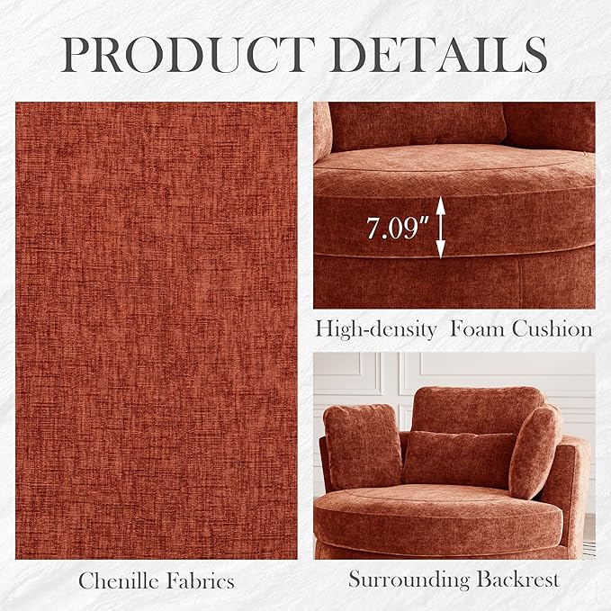 Aoiy &amp Wifon 50'' W Oversized Swivel Barrel Chair Terracotta Swivel Accent Chair for Living Room Round Oversized Arm Chair with 4 Pillows Deep Seat &amp Extra Wide Chenille