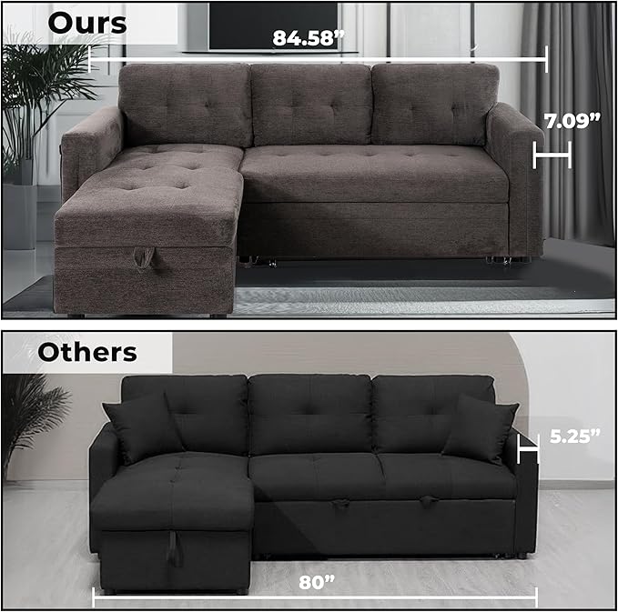 Naomi Home L-Shaped Sectional Sleeper Sofa with USB Ports - Convertible Pull-Out Bed Ample Storage Timeless Design Durable Construction Espresso/Microfiber