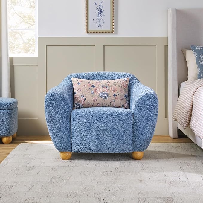 Walker Edison Linley Contemporary Boucle Accent Chair with Wood Legs Soft Blue