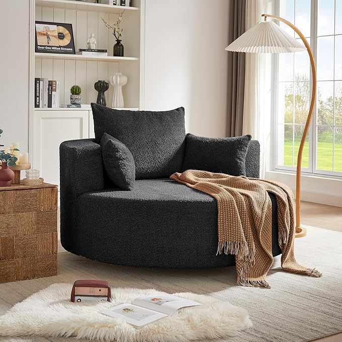 360° Swivel Chair Accent Barrel Chair Swivel Round Sofa Chair with 3 Removable Pillows for Living Room Bedroom Office and Hotel (Black@80)