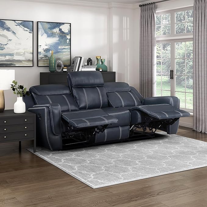 Lexicon Modern Double Recliner Sofa Faux Leather Reclining Sofa with Center Drop-Down Cup Holders Storage Pouch Receptacles USB Ports Manual Recliner Couch for Living Room/Office/Apartment Blue