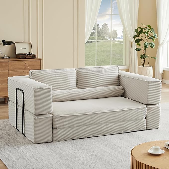 KEIKI 80 Convertible Couch Corduroy Modular Floor Sofa Bed Folding Lounge Sofa with High Density Foam Deep Seat Floor Couch for Living Room Khaki
