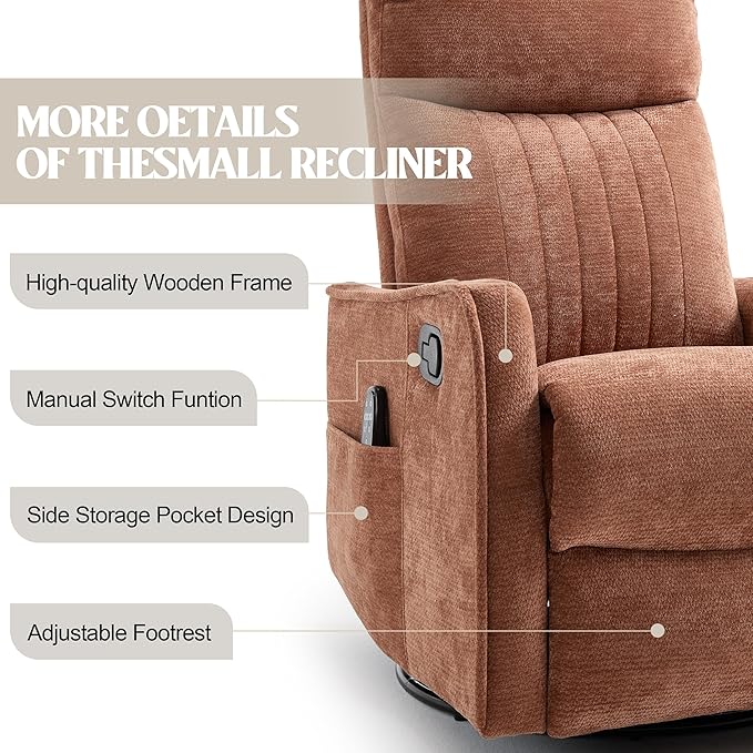 PELUMY 360 Swivel Rocking Recliner Chair for Adults Nursery Rocking Chair with Heat and Massage Glider Reclining Chair for Small Space Living Room Bedroom (Chenille Orange)