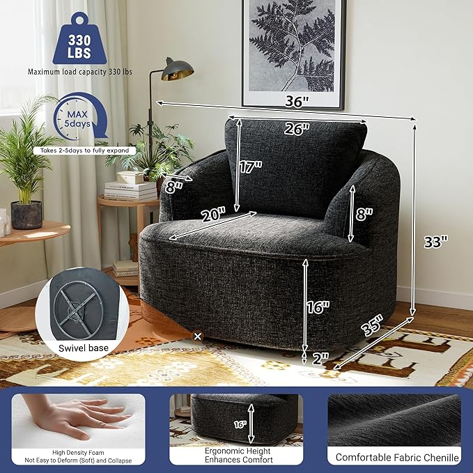 36 Swivel Barrel Chair 360° Rotating Accent Chair with Plush Chenille Upholstery Ergonomic Back &amp Boneless Comfort for Living Room Bedroom Office No-Assembly Charcoal Black