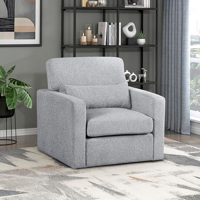 Lexicon Swivel Accent Chair Modern Armchair Home Theater Seating Boucle Fabric Upholstery Single Sofa Chair with Lumbar Pillow for Living Room/Bedroom Required Assembly Gray