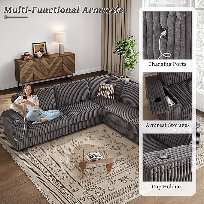 110 Oversized L-Shaped Sectional Sofa Plush Corduroy Deep Seat Couch Large V Shaped Corner Couch with Storage USB Charging Cup Holder Modern Upholstered Sectional for Living Room (Grey)