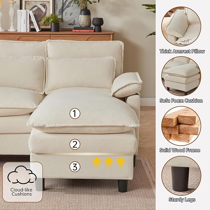 Comfy Cloud Couch Sectional Sofa with Lumbar Pillows 105 Modern U-Shaped Cloud Sofa with Double Chaise &amp Deep Seat Sectional Couches for Living Room Office Easy Assembly Beige