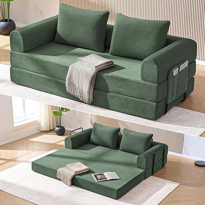 4-in-1 Folding Convertible Sofa Bed 78 Inch Oversized Corduroy Loveseat Sleeper with Pull Out Bed Boneless Futon Couch for Living Room Bedroom No Assembly Needed Green