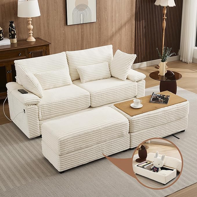 75 Corduroy Loveseat with Storage Ottoman Cloud Deep Seat Couch with Convertible Ottoman Coffee Table &amp USB Double Chaise Lounge for Living Room Beige