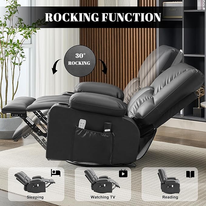 Oversized Recliner Chairs for Adults 270° Swivel Rocker Recliner with Heat and Massage Lazy Boy ReclinerRecliner Chairs Single Sofa Seat with Cup Holders (BlackElectric)
