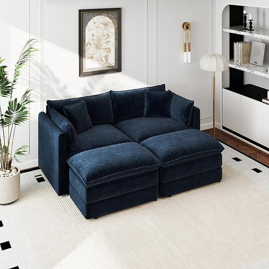 Aoowow Modular Sectional Sofa Modern Convertible Loveseat Couch77.16 Inch Deep 2-Seater Sofas Comfy Chenille Cloud Sofas and Couches Set with 2 Movable Ottoman for Living Room Apartment（Blue）