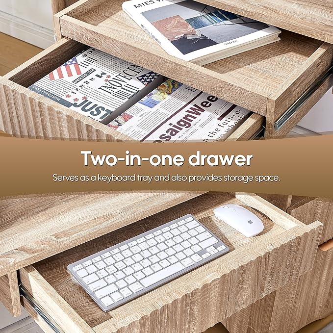 55 Modern Computer Desk with Keyboard Tray Built-in Power Outlets Fluted Design 2-in-1 Main Drawer &amp Adjustable File Drawer Office Desk for Home Workspace (Light Oak)