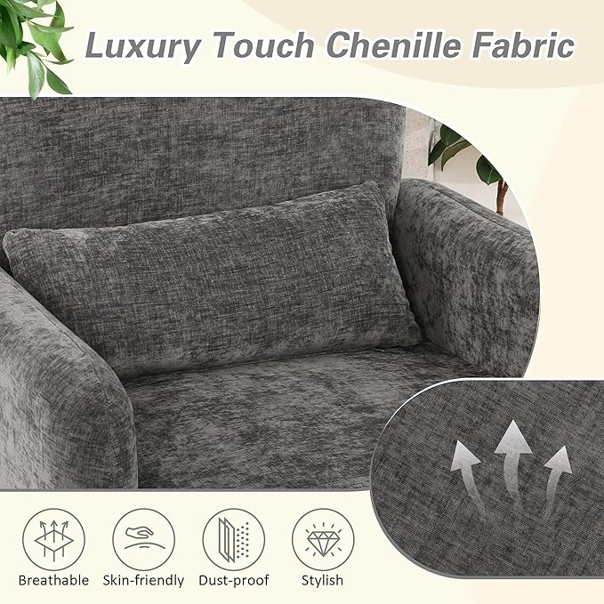LSSPAID Modern Accent Chairs Chenille Fabric Armchairs for Living Room Comfy Upholstered Leisure Single Sofa Chair with Lumbar Pillow for Bedroom Balcony Office (Charcoal Set of 1)
