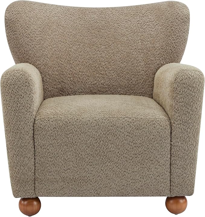 Christopher Knight Home Lindy Wingback Accent Chair Upholstered Armchair with Rounded Wooden Legs Curved Backrest Single Sofa Soft Cushion Seating Comfy Lounge Chair for Living Room Light Brown