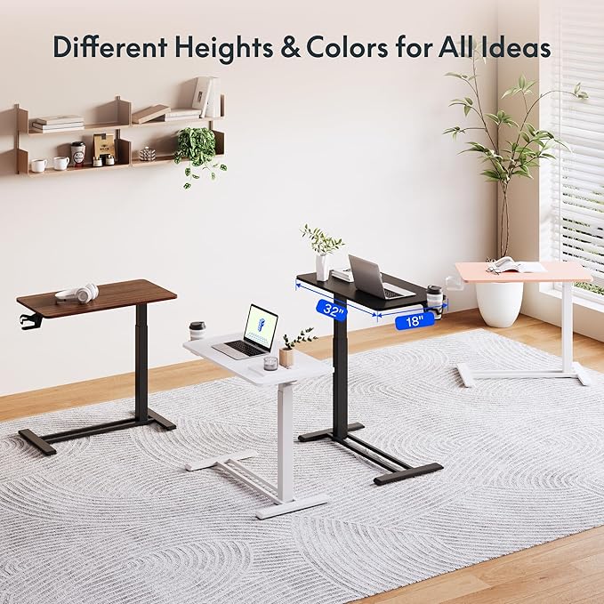 FLEXISPOT Mobile Standing Desk with Wheels Pneumatic Laptop Desk Rolling Computer Cart Movable Height Adjustable Small Sit Stand Computer Workstations Home Use（31.5 W x 17.7 DPink