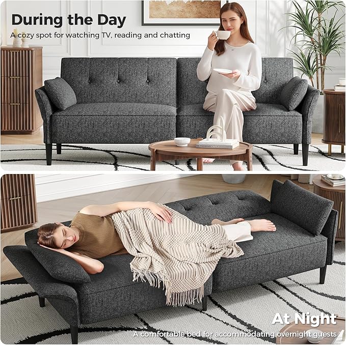 89” Futon Sofa BedComfy Futon Couch Bed with 2 Square PillowsConvertible Sleeper Sofa with Adjustable Backrest&amp Armrests Modern Loveseat Sleeper for Living Room Bedroom Linen Dark Gray