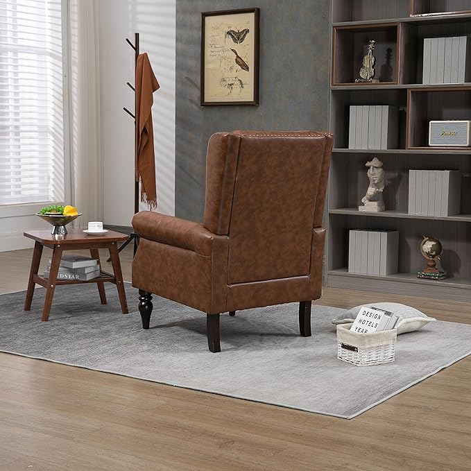 Bellemave Mid Century Wingback Chair PU Leather Button Tufted Upholstered Accent Armchair with Wood Legs Modern Living Room Chairs with High Back Leisure Single Sofa Chair for BedroomClub（Brown）