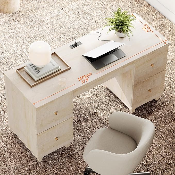 WAMPAT Light Oak Wood Desk with 4 Deep Drawers 58 Inch Modern Home Office Desk with Storage &amp Charging Station Wooden Large Executive Desk Work &amp Study Writing Computer Desk