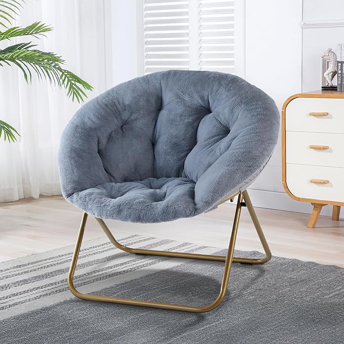 Simple Deluxe Cozy Chair Faux Fur Saucer Chair for Bedroom Comfy Foldable Moon Chair Round Fluffy Chair for Living Room Fuzzy Saucer Chairs for Adults Room Gray