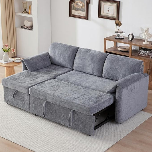 Tbfit Sleeper Sofa Couch with Pullout Bed Sofa Bed Couch with USB &amp Storage Chaise Chenille Convertible Sleeper Sofa 83'' Pull Out Sofas Couches for Small Space Apartment Light Gray