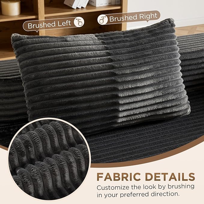 Modular Compressed Sectional Sofa Set – Velvet Corduroy Upholstery Convertible Couch with Cup Holders and Pillows for Living Room Grey