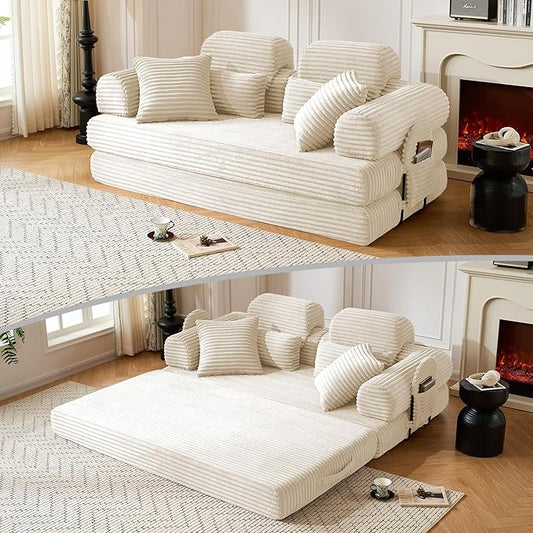 79 Sofa Bed Deep Seat 32 Sleeper Sofa 5-in-1 Convertible Sofa Bed Boneless Couch in a Box Corduroy Floor Futon with Thickened backrest and Headrest Pillows Side Pockets White