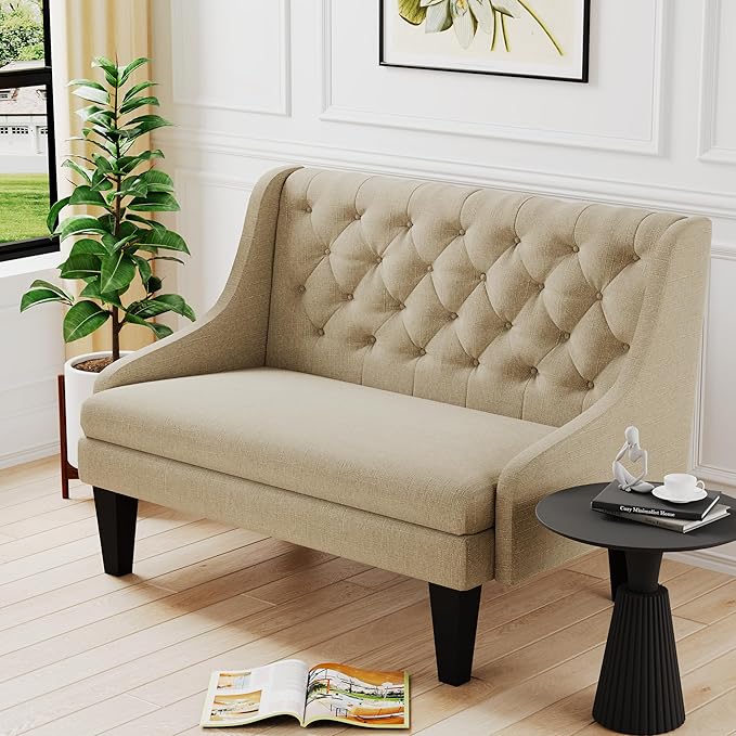 Tongli 50 Small Modern Loveseat Settee Sofa Linen Fabric 2-Seat Sofa Couch Tufted Love Seat Dining Bench with Back Upholstered Banquette Sofas for Living Room Bedroom Small Space Entryway Tan