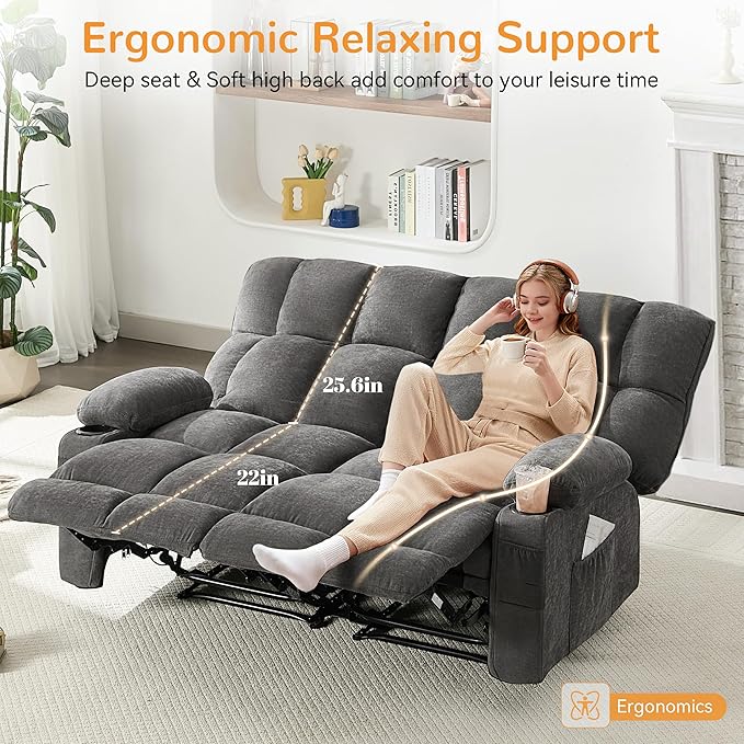 Oversized Loveseat Recliner Sofa Big Large Reclining Sofa with Cup Holders &amp Side Pockets Traditional 2-Seater Manual Recliner Couch for Living Room RV Home Theater Double Recliner (FabricGr