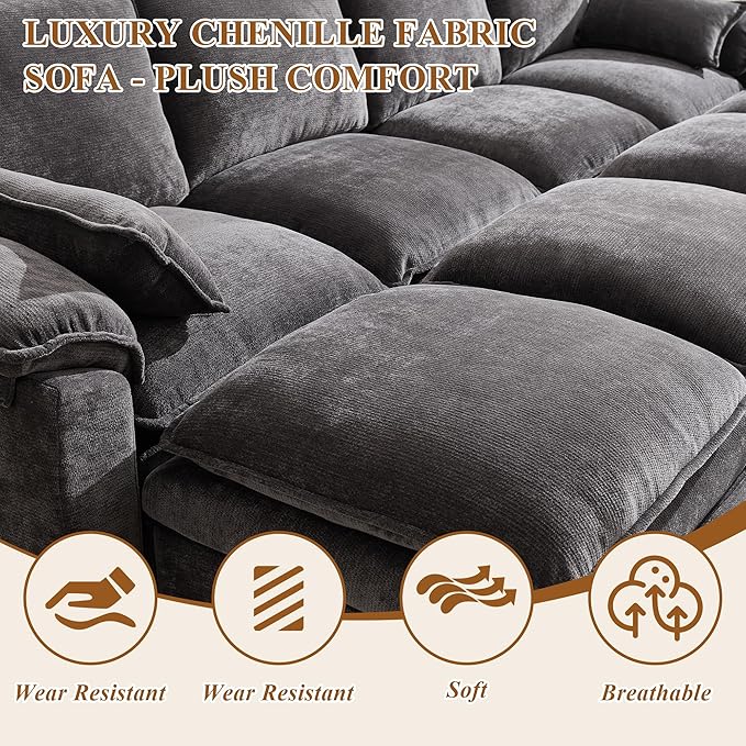 108 Sectional Couches for Living Room U Shaped Cloud Couch Sectional with Ottoman Storage Modular Sectional Sofa with Pillow Deep Seater Sofa for Living Room (Gray Loveseat with Ottoman)
