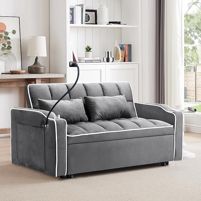 TTK 3-in-1 Convertible Velvet Sleeper Sofa Bed Pull-Out Loveseat with Adjustable Backrest USB Port &amp 2 Pillows Swivel Phone Stand &amp Storage Pockets Modern Futon Couch for Living Room Gray