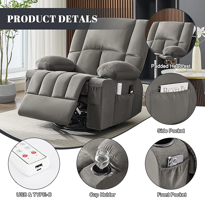 Oversized Recliner Chairs for Adults 270° Swivel Rocker Recliner with Heat and Massage Lazy Boy ReclinerRecliner Chairs Single Sofa Seat with Cup Holders (BlackGrey)