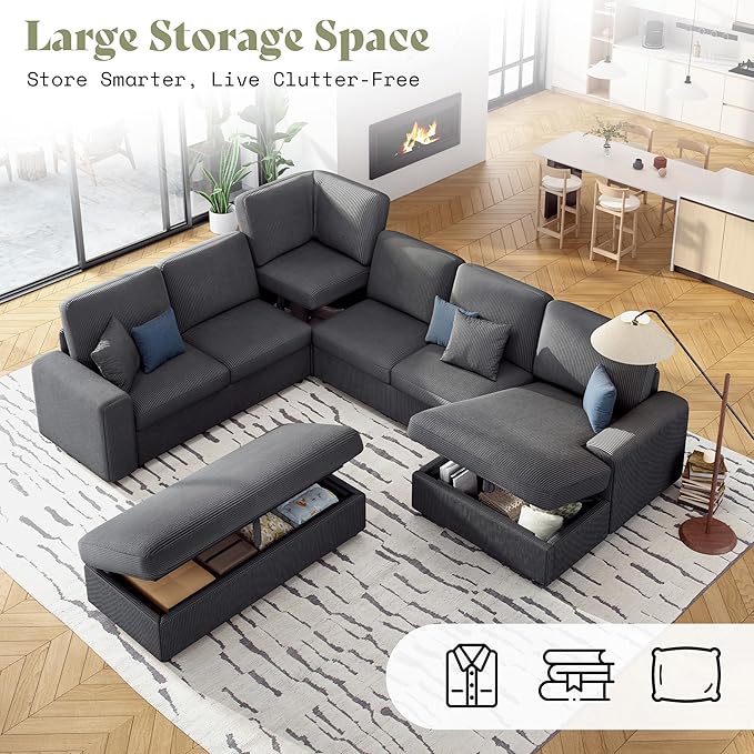 AMERLIFE 129 Inch Sectional Couches for Living RoomSectional Couch with Storage &amp OttomanModular Sectional Sofa Converts to SleeperCloud Couch Sectional for Large Space with CorduroyGrey