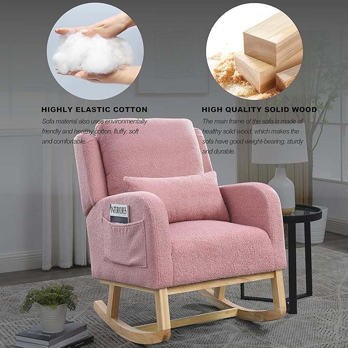 Nursery Rocking Chair Glider Chair with Side Pockets and Pillow Upholstered Side Chair with Rubber Wood Legs Comfy Accent Arm Chair for Bedroom Living Room (Pink Teddy)