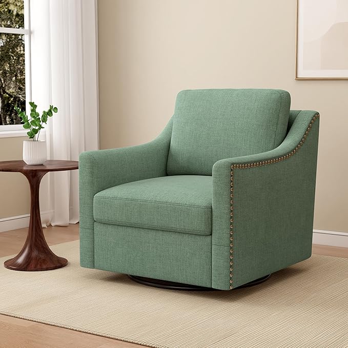 Set of 2 Swivel Accent Chairs for Living Room 360° Swivel Upholstered Club Armchairs with Nailhead Trim Metal Swivel Base Linen-Textured Fabric – Green
