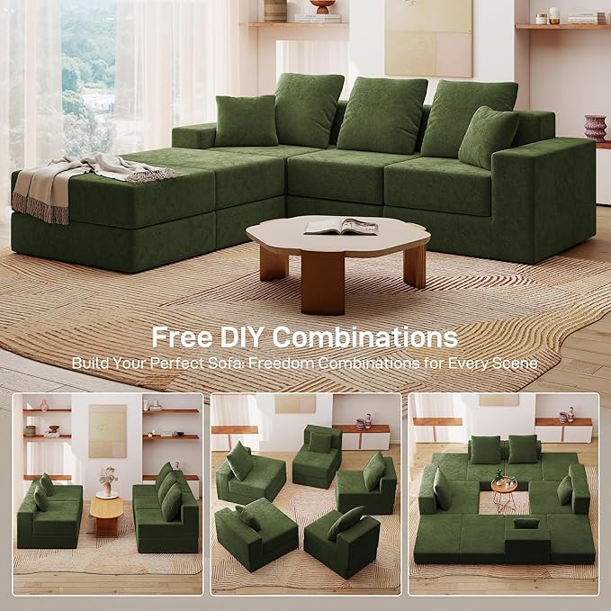 Living&ampGiving 101 U-Shaped Cloud Sectional Couch for Living Room Cloud Boneless Couch-No Assembly with Reversible Chaise Customizable 3-Seat Modular Sectional Sofa with 2 Ottoman Green