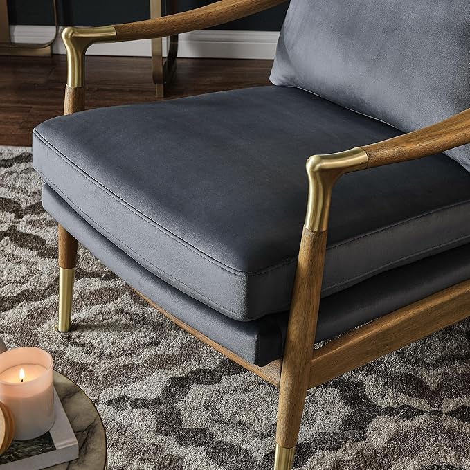 Modway Langford Stain-Resistant Performance Velvet Armchair – Mid Century Modern Velvet Chair with Wood Frame – Upholstered Accent Chair for Living Room or Bedroom