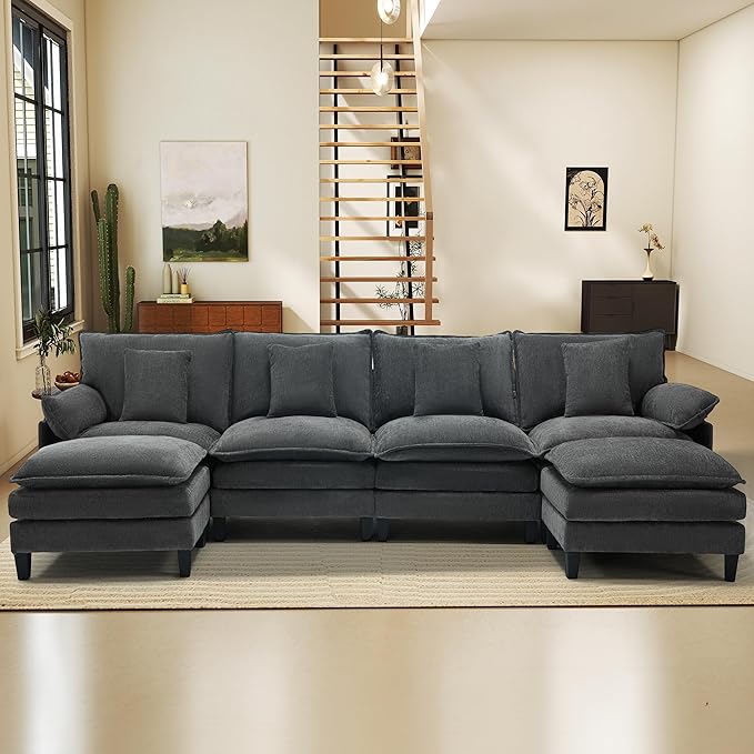 Cloud Couch 140 Modular Sectional Sofa with Movable Ottoman U Shaped Modern Sofa with Pillows Deep Seat Couches for Living Room Bedroom and Apartment Comfy Couch Grey