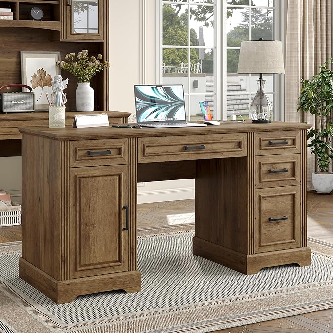 Furniouse 58 Executive Desk Farmhouse Computer Desk with Drawers and Cabinet with Charging Station Wooden Home Office Desk Workspace for Work &amp Writing Brown