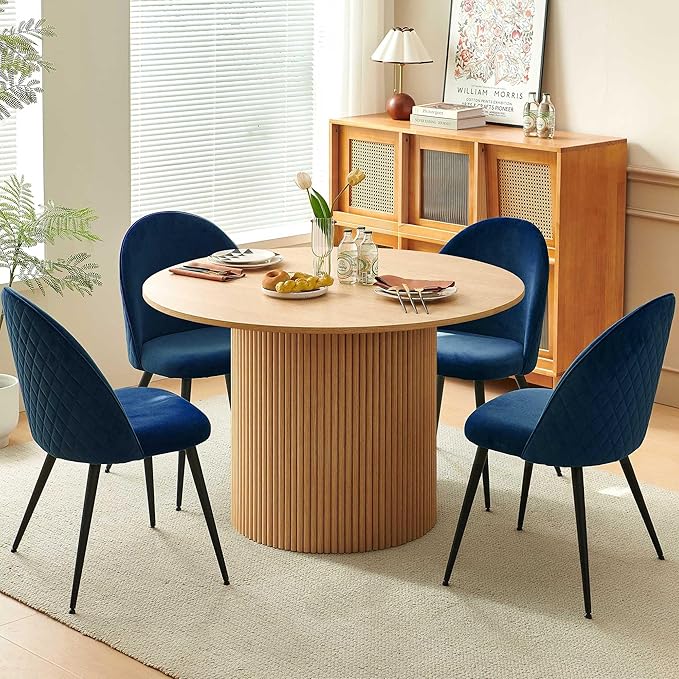 47-in Round Kitchen Table Set for 4 Modern Mid-Century Dining Room Table Pedestal with 4 Navy Blue Kitchen Living Room Chairs Set Space Saving Dining Set for Dinining Hall Reception Room