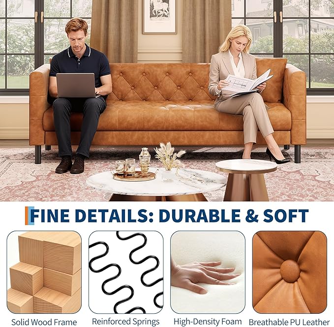 Mid Century Modern Leather Sofa 81 Inch Chesterfield Style 3 Seat Couch with Deep 26 Seats Button Tufted Upholstery Includes 2 Pillows for Living Room Apartment or Office Orange
