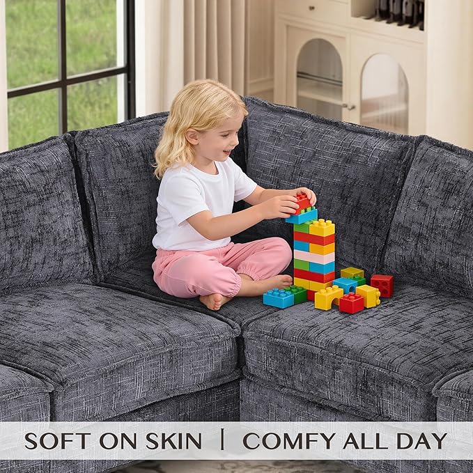 97 L Shaped Sectional Couch Comfy Chenille Sectional Couch Modular Convertible V Shaped Couch 5 Seat Corner Sofa with 2 Pillows &amp Storage Armrests for Living Room Grey