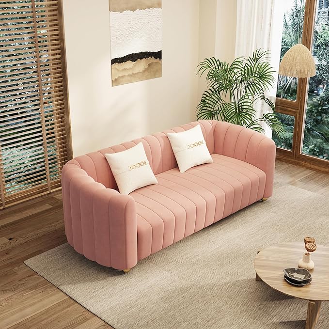 Modern Velvet Loveseat Sofa Couch for Living Room 84 Comfy Upholstered 3 Seater Sofa Couch with Gold Metal Legs &amp 2 Pillows Luxury Sectional Sofa for Bedroom Office Apartment Pink