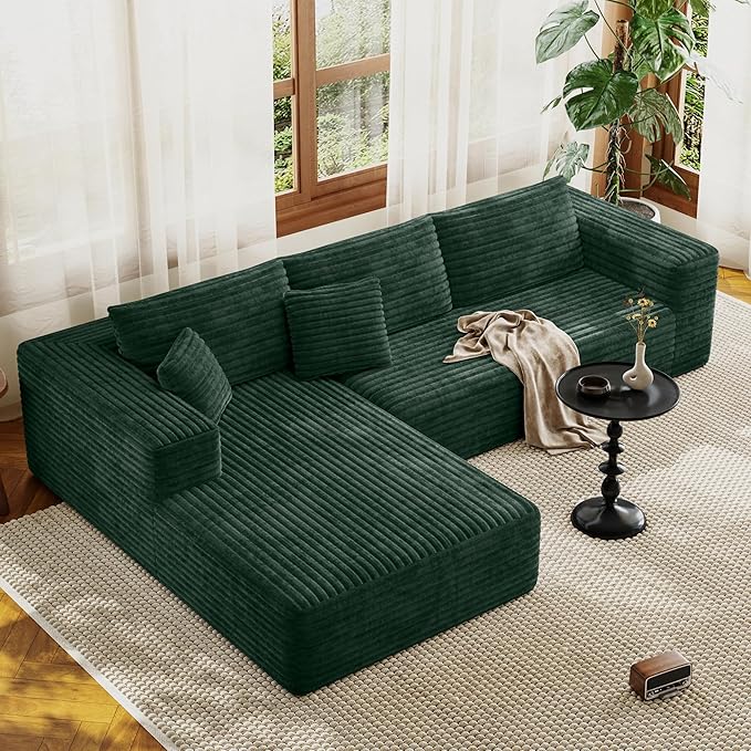 107 Modular Sectional Couches for Living Room Comfy L-Shaped Boneless Cloud Couch with Chaise Modern Deep Seat Corduroy Floor Sofa No Assembly Required (Left Facing Chaise Green) | High-density s
