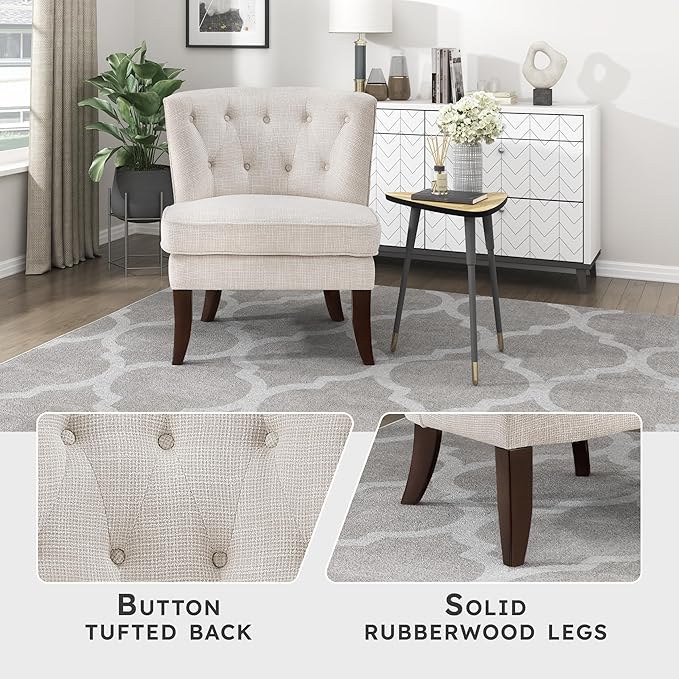 Lexicon Accent Chair Textured Fabric Upholstered Armless Chair with Solid Wood Legs Button Tufted Curved Back for Living Room/Bedroom/Office/Waiting Area Beige