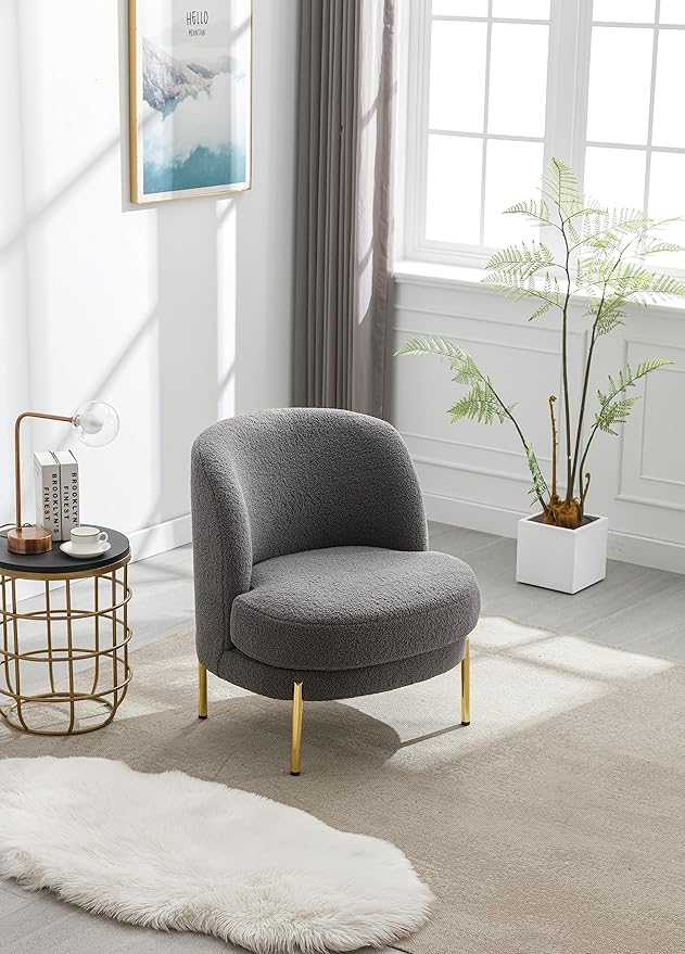 28.4 W Accent Chair Upholstered Curved Backrest Reading Chair Single Sofa Leisure Club Chair with Golden Adjustable Legs for Living Room Bedroom Dorm Room (Gray Boucle)