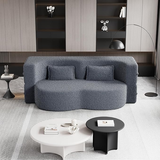 Floor Sofa Futon Cloud Couch Convertible Sofa Bed with 2 Pillows Teddy Fabric Foam-Filled Loveseat Sleeper Sofa Couches for Living Room 15 Full Size Folding Mattress No Assembly Required(Grey)