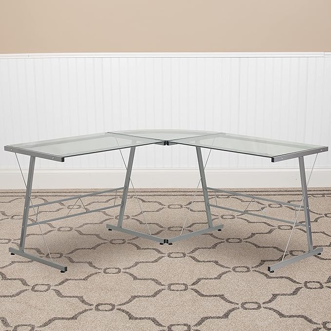 Flash Furniture Glass L-Shape Computer Desk with Silver Metal Frame