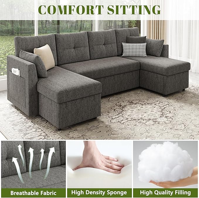 Oversized Sleeper Couch Sofa 110 inch 2 in 1 Pull Out Couch with Double Storage Chaise Sectional Sleeper Sofa Bed with Side Pocket for Living Room Dark Grey
