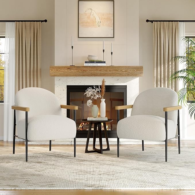 GarveeHome Mid-Century Accent Chair Set of 1 Teddy Fabric Chair with Metal Frame Adjustable Feet and Wood Arms for Living Room Bedroom Reception Room White